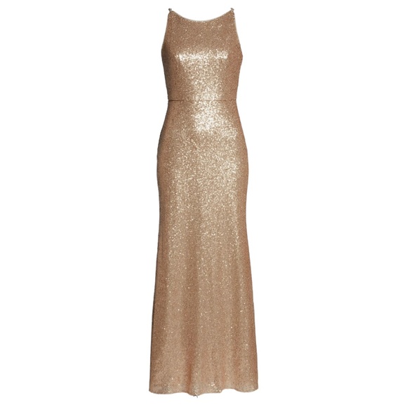 DESSY COLLECTION Bateau Neck Sequin Champagne Gown - Size 8 - Picture 6 of 7